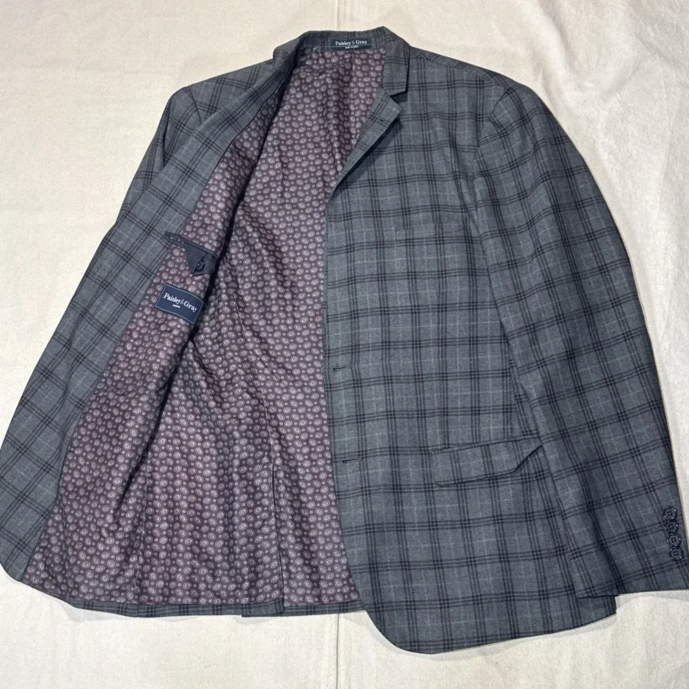 Paisley & Gray Blazer Men 42R Gray Plaid Slim Fit Two Button Stretch Sports Coat